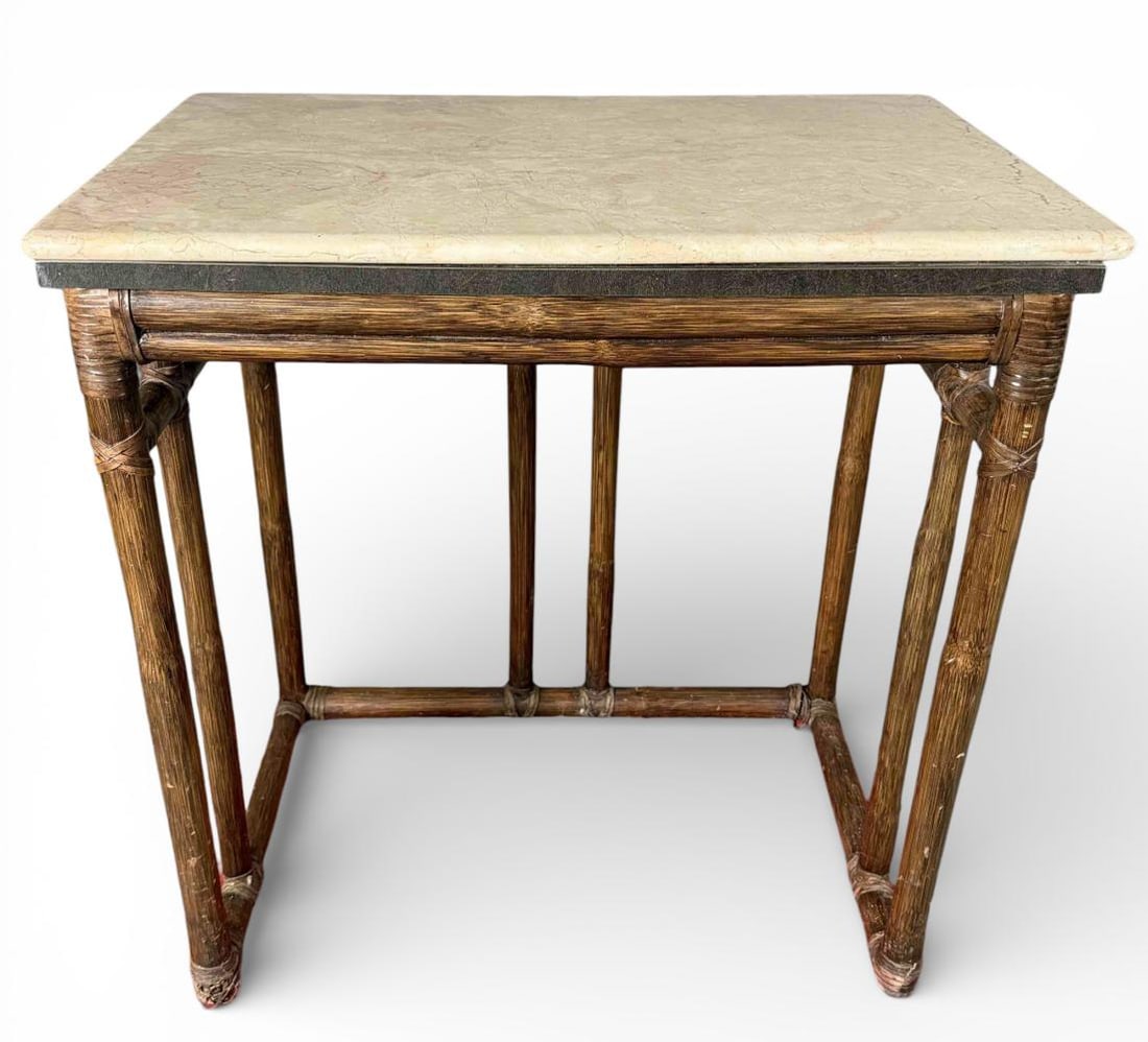 McGuire Stone Top Side Table: McGuire Stone Top Side Table. McGuire San Francisco tag attached to underside. Approximately 29.0L x 19.0W x 29.5H in.