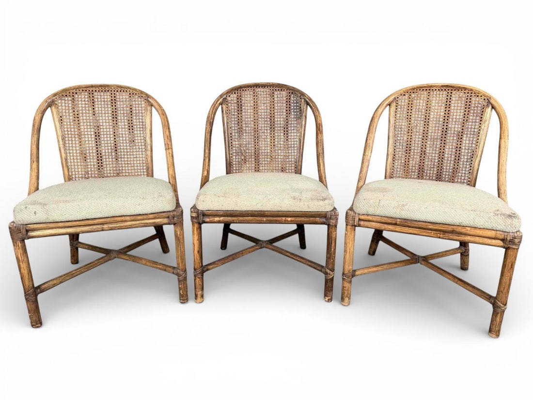 Set Of Three McGuire Cane Back Rattan Chairs: Set Of Three McGuire Cane Back Rattan Chairs. Attached tag marked "McGuire San Francisco." Each approximately 33.0H x 21.75W x 18.5D in.