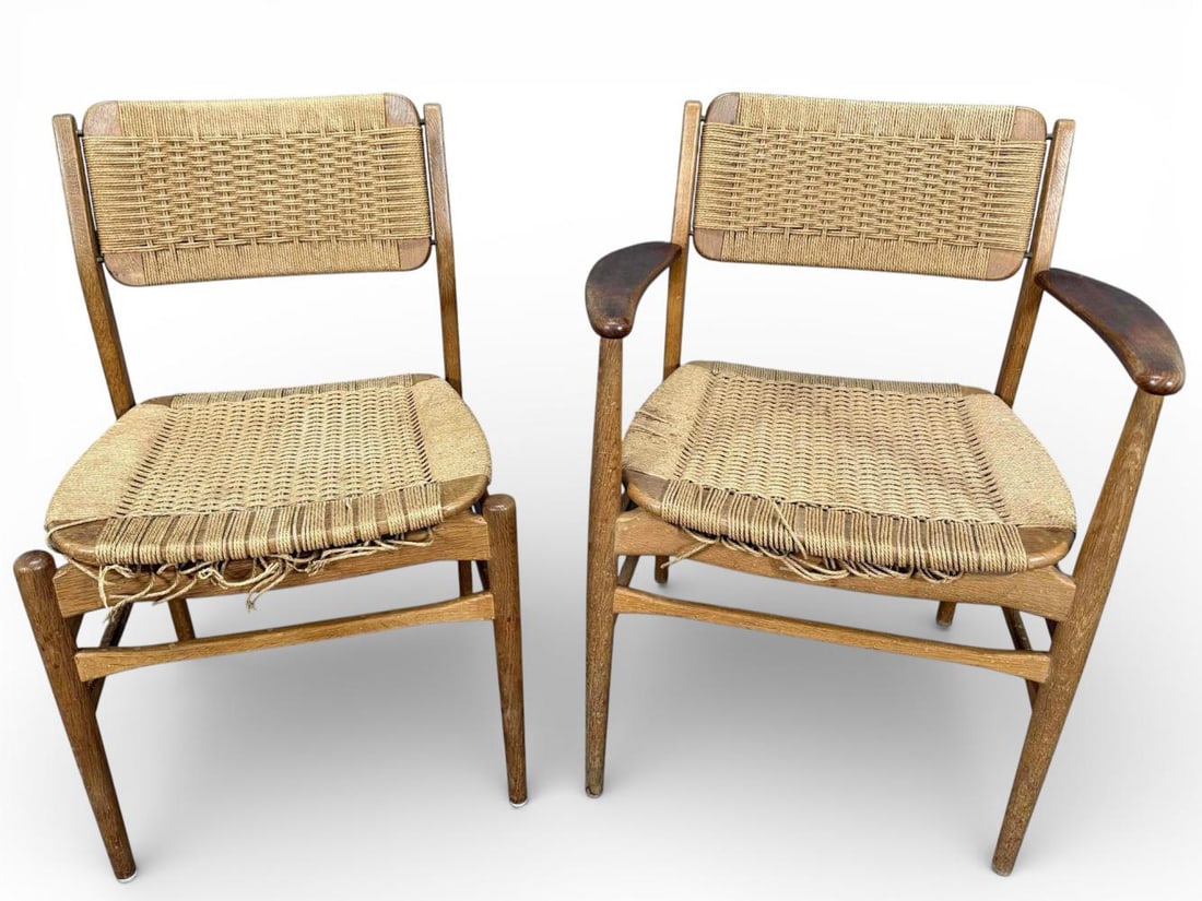 Pair of Danish Modern Oak Dining Chairs With Woven Cord Seats: Pair of Danish Modern Oak Dining Chairs With Woven Cord Seats. Approximately 31.75H x 25.25W x 19.25D in. and 31.75H x 19.25W x 19.25D in.