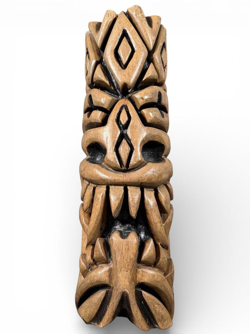 Large Palm Wood Tiki Totem Carving: Large Palm Wood Tiki Totem Carving. Marked "SC Tikis." Approximately 33.75H x 10.5W x 10.75D in.