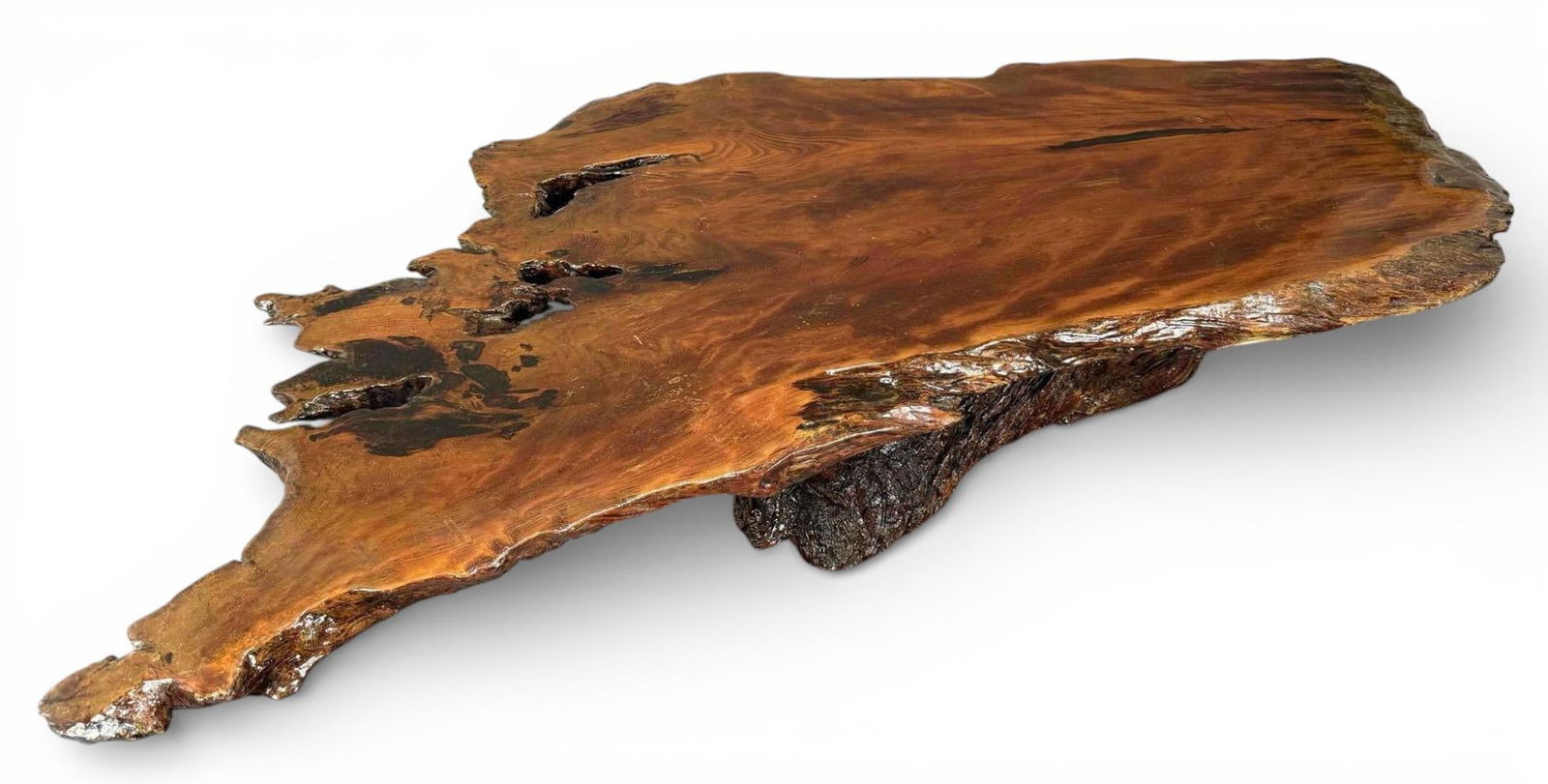 Live Edge Redwood Slab Low Table: Live Edge Redwood Slab Low Table. Approximately 68.0L x 32.5W x 15.25H in.