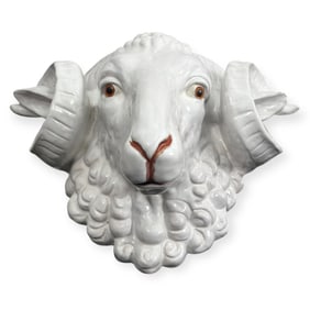 Large French Bavent Style Glazed Pottery Ram's Head