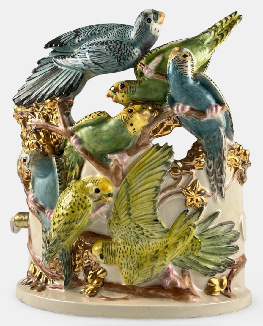 Mid Century Hand Painted Ceramic Parakeet Lamp: Mid Century Hand Painted Ceramic Parakeet Lamp. Approximately 9.5H x 8.375W x 5.5D in.