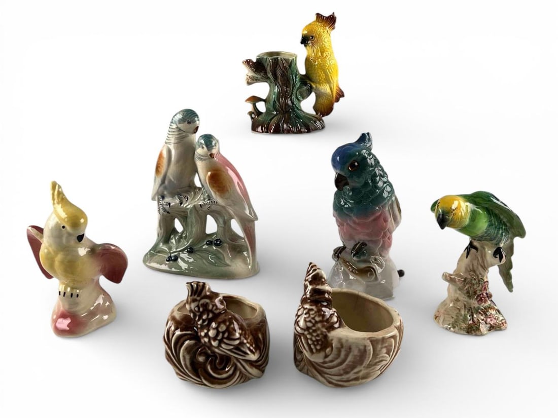Collection Of Mid Century Ceramic Parrot Figures & Night Light: Collection Of Mid Century Ceramic Parrot Figures & Night Light. Pair of small parrot form planters marked "Shawnee USA." Green and yellow parrot figure marked "Beswick England 930." Double parakeet fi