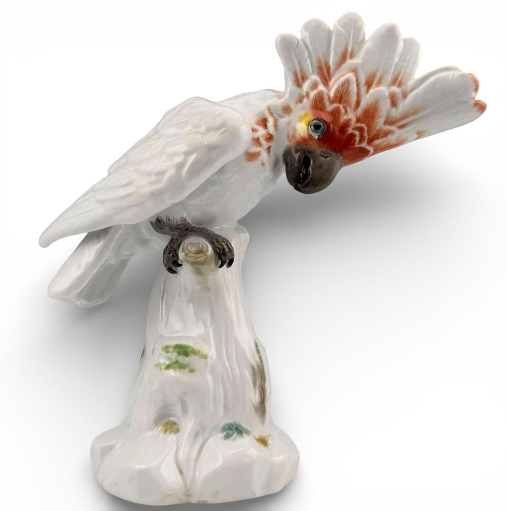 Meissen Porcelain Cockatoo Figure: Meissen Porcelain Cockatoo Figure. Approximately 9.125H x 9.0L x 4.875W in.