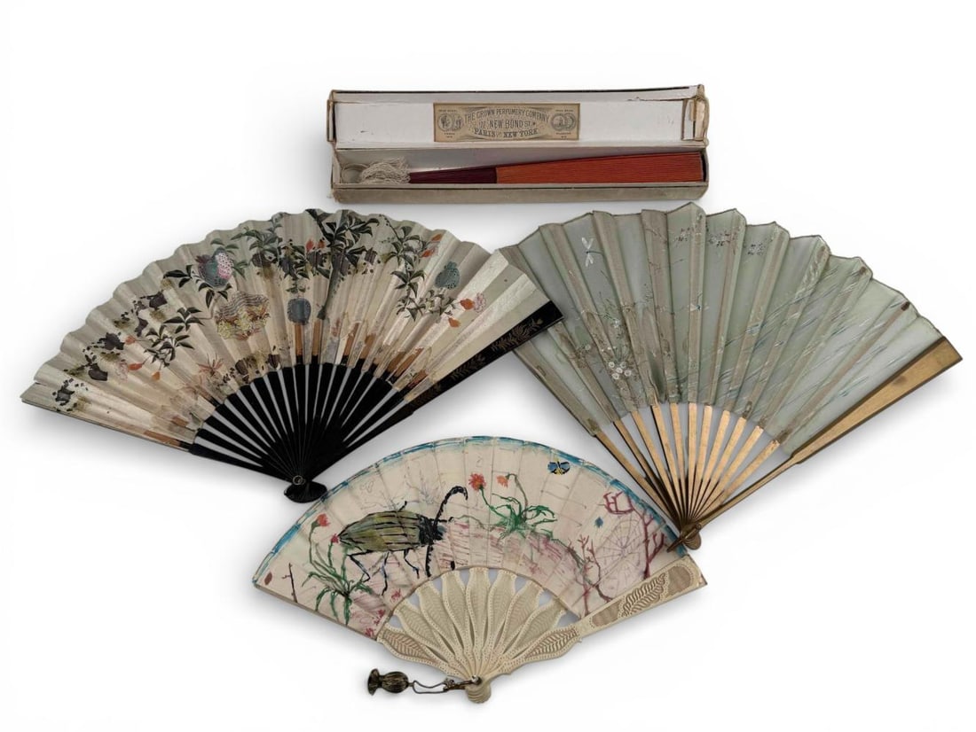 Four 19th Century Folding Fans With Insect Motifs: Four 19th Century Folding Fans With Insect Motifs. Late 19th Century Aesthetic Movement Waxed Linen Fan With Bees & Beetles Approximately 24.0W x 13.5H in. Guards approximately 13.5H x 1.125W in. Box