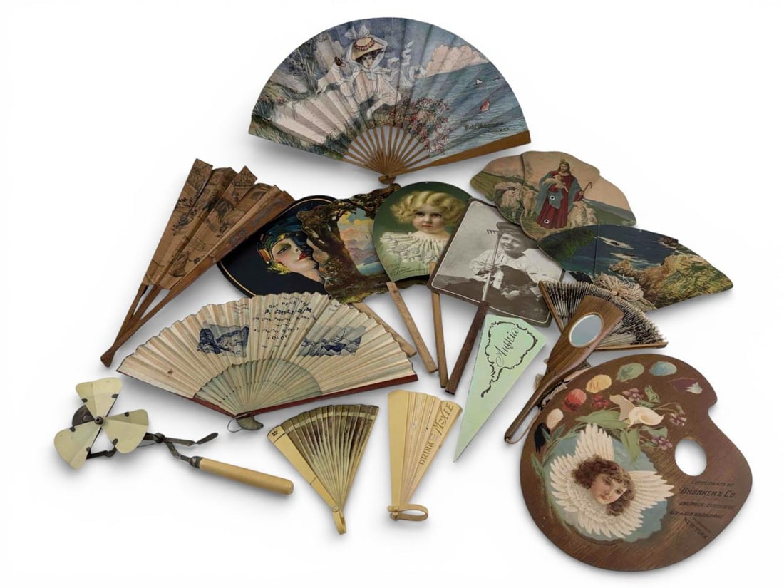 Collection Of Advertising & Travel Fans: Collection Of Advertising & Travel Fans. Largest approximately 14.124L x 8.875W in. Smallest ("Drink Moxie" fan) approximately 10.875W x 5.75H in.