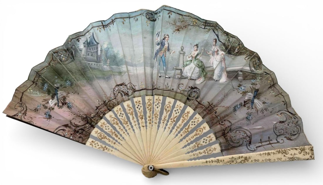 19th Century French Hand Painted Silk Fan: 19th Century French Hand Painted Silk Fan With Carved & Gilt Bone Sticks. Open approximately 17.5W x 9.5in. Guards approximately 9.5L x 0.875W in.