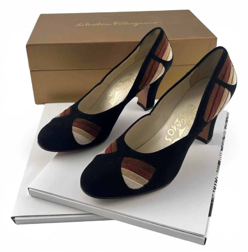 Salvatore Ferragamo Creations Limited Edition Suede "Civetta" Shoes With Original Box: Salvatore Ferragamo Creations Limited Edition Suede "Civetta" Shoes With Original Box, Certificate, Bag, And Dust Bags. Unworn condition. Edition 75/250. This model was patented by Ferragamo in 1929,