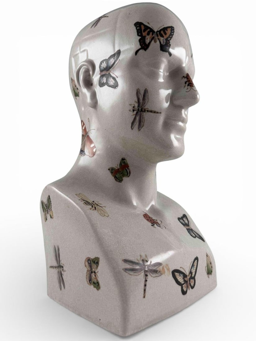 Painted Ceramic Phrenology Bust, Decorated With Insects & Butterflies (1 of 14)