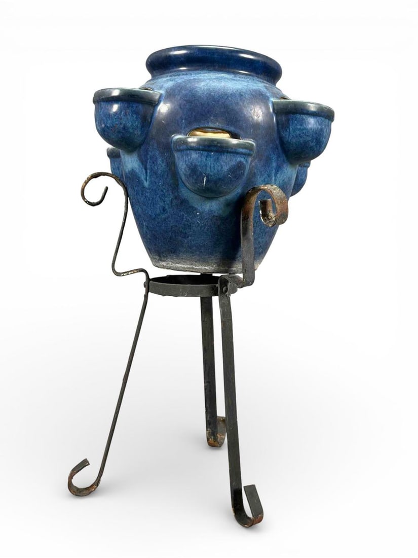 Glazed Ceramic Strawberry Pot With Stand: Glazed Ceramic Strawberry Pot With Stand. Pot approximately 10.75H x 12.0W in. Pot in stand approximately 22.25H x 12.0W in.