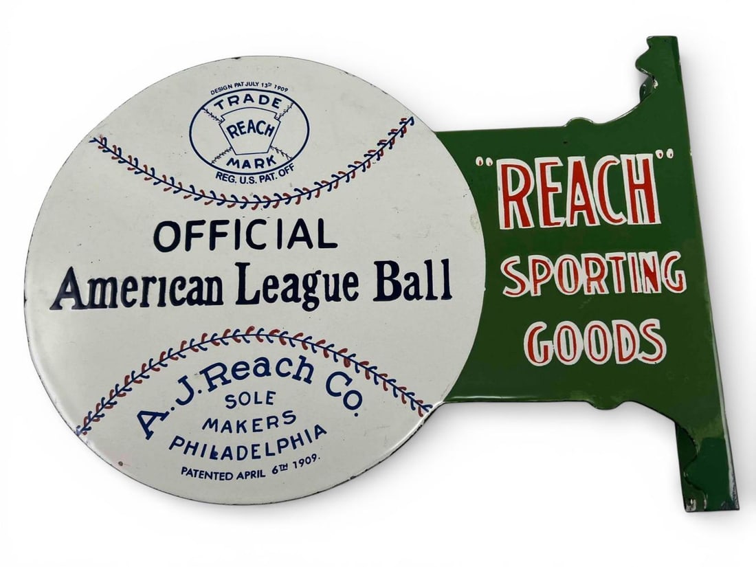 Reach Sporting Goods American League Ball Double Sided Porcelain Flange Sign (1 of 16)