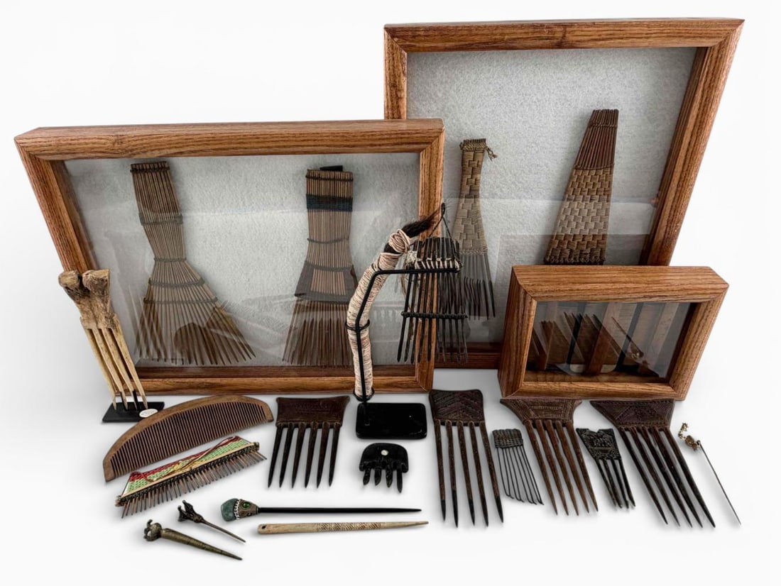 Collection Of Tribal Combs & Hair Pins: Collection Of Tribal Combs & Hair Pins. Includes: African Baule carved wood hair combs; African Swazi bone hair comb; Amazonian tarn work hair comb; Japanese wood hair combs, African bronze hair pins;