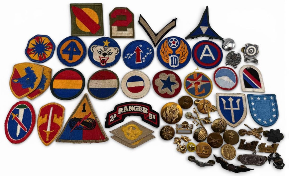 Collection Of U.S. Military Medals & Patches: Collection Of U.S. Military Medals & Patches. Includes sterling silver WWII era Army Expert marksman badge, U.S. Air Force Master Acquisition badge, Navy Enlisted Aviation Warfare Specialist badge, Ma