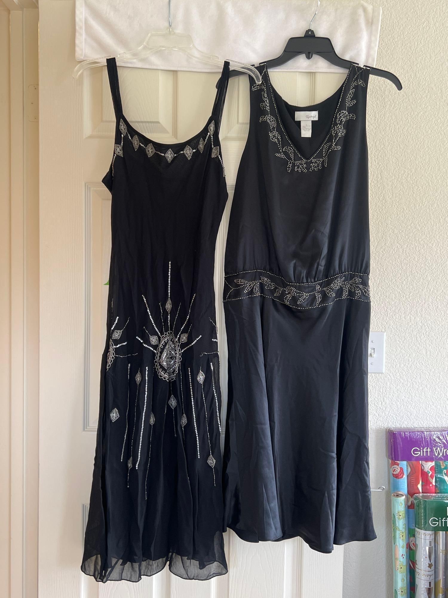 Two 1920s Inspired Beaded Black Party Dresses: Two 1920s inspired beaded black party dresses. Size small and medium.