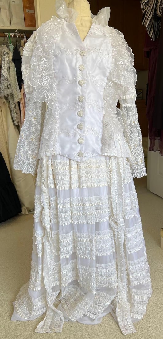 Lady's Two-Piece White Lace Victorian Style Costume: Lady's two-piece white lace Victorian style costume. Approximate size medium.