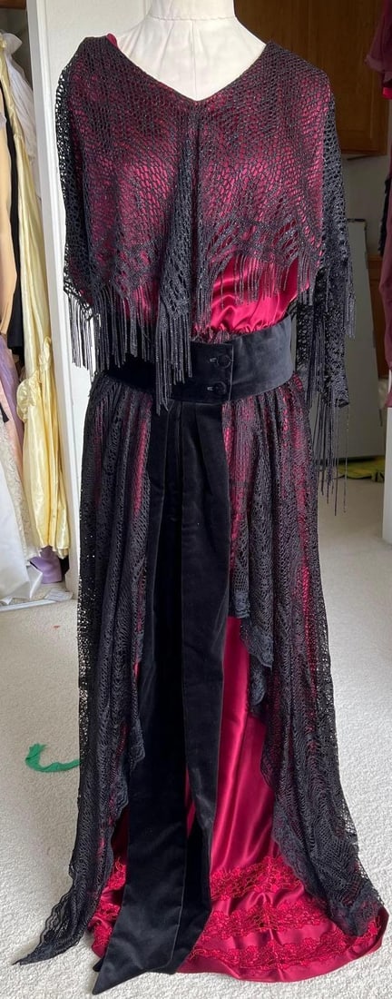 Red And Black Edwardian Inspired Dress With Belt: Red and black Edwardian inspired dress with belt. Approximate size medium.