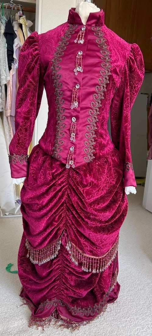 Beaded Red Velvet Victorian Style Two-Piece Costume: Beaded red velvet Victorian style two-piece costume. Approximate size small.