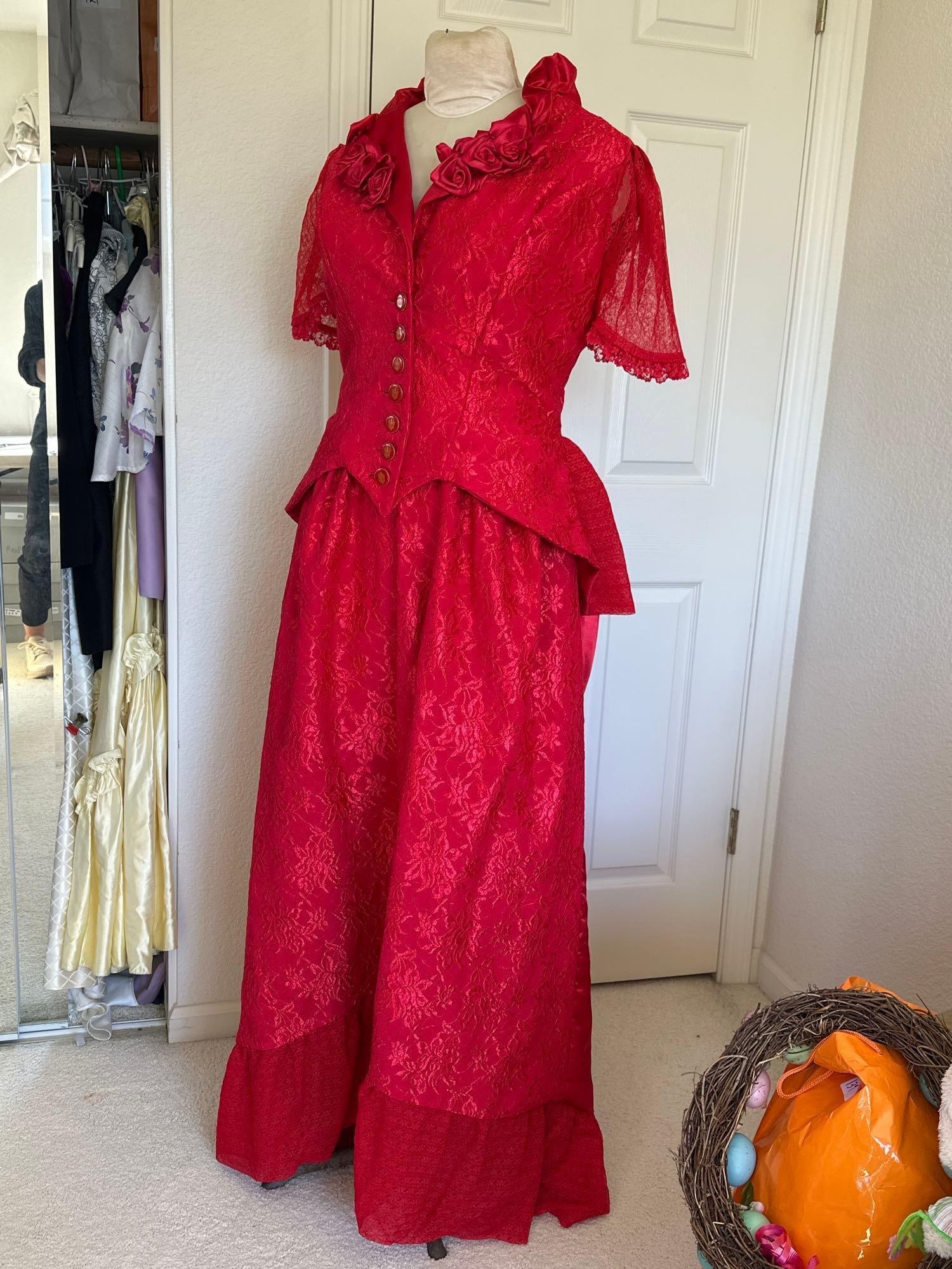 Victorian Style Two-Piece Red Costume Dress: Victorian style two-piece red costume dress. Approximate size medium.