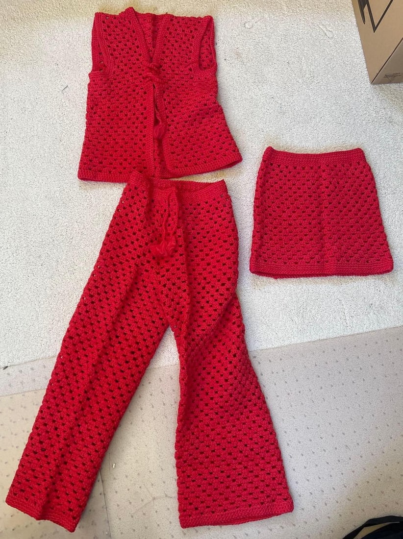 Vintage Three-Piece Crocheted Outfit: Vintage three-piece crocheted outfit. Approximate size small.