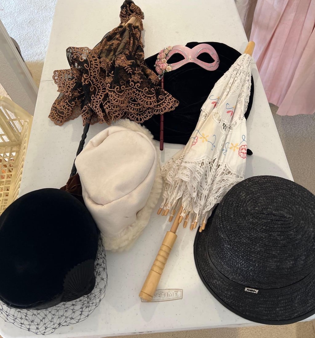 Box Of Vintage & Contemporary Hats & Two Parasols (1 of 6)