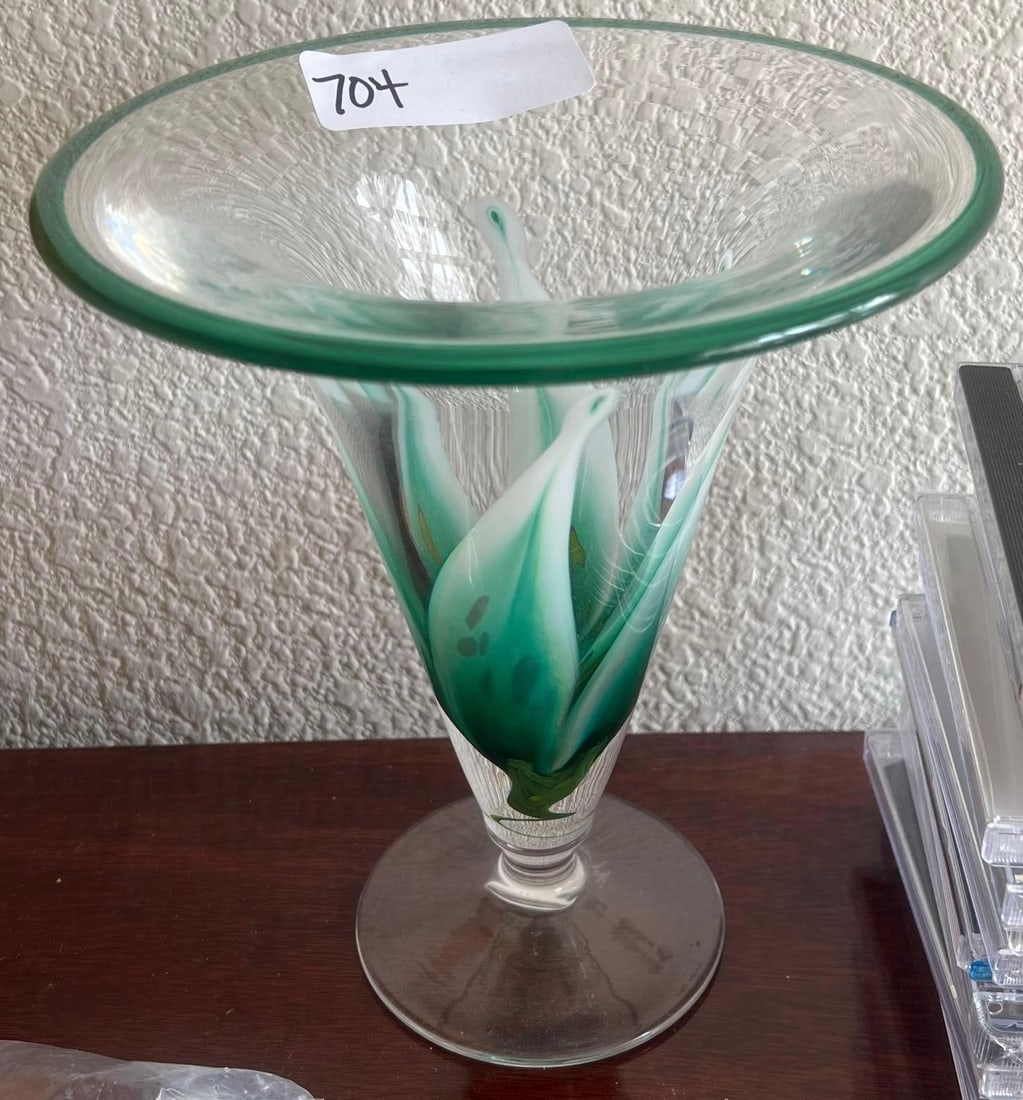 Art Glass Vase, Signed Illegibly: Art glass vase, signed illegibly. approximately 8.5 high by 7.5 wide inches.