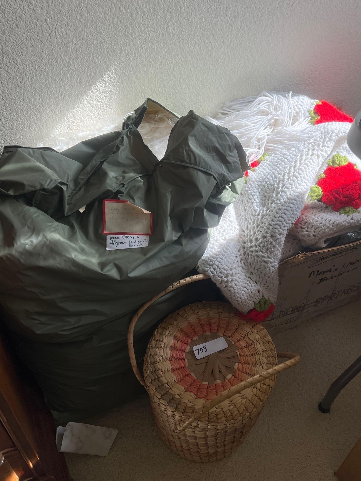 Crocheted Blankets, Afghan, And Decorative Basket: Crocheted blankets, afghan, and decorative basket.