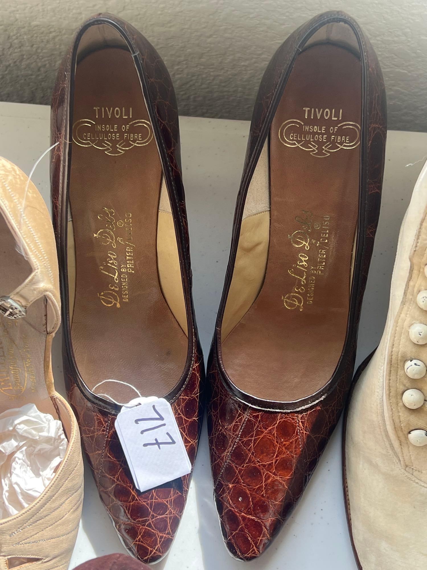 Circa 1950s Reptile Print Stilettos: Circa 1950s reptile print stilettos. Marked size 7.