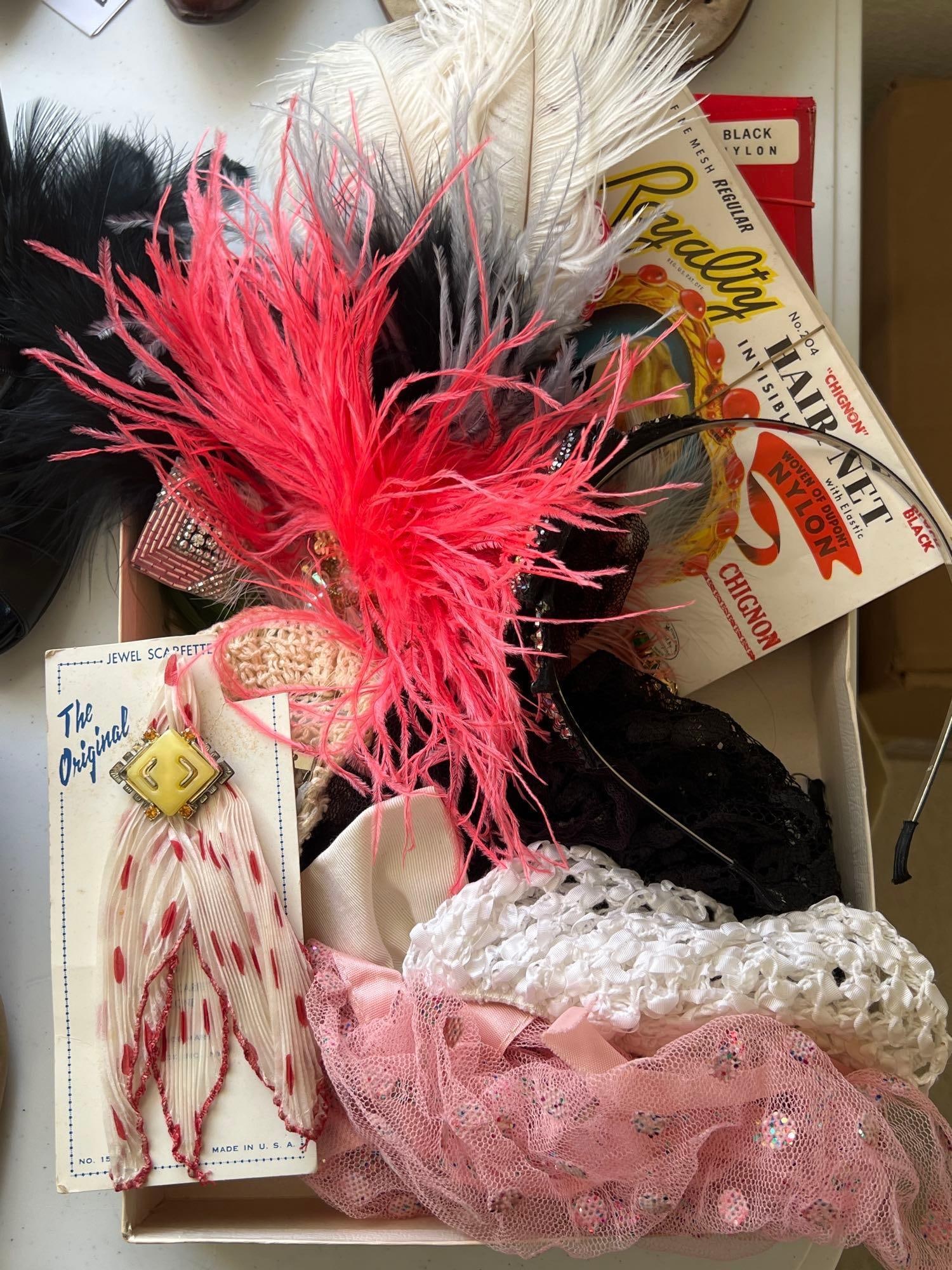 Lot Of Hair Accessories, Including Feathered Hair Pins, Vintage Hairnets, Snoods, And More (1 of 5)