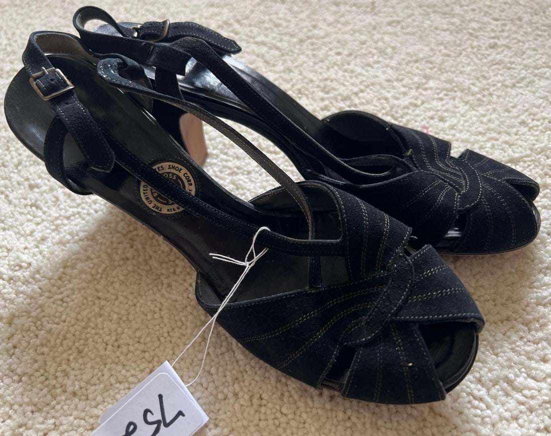 Vintage Circa 1940s Black Suede Sandals: Vintage circa 1940s black suede sandals. The Red Cross shoe Corp. Approximate size 6.5.
