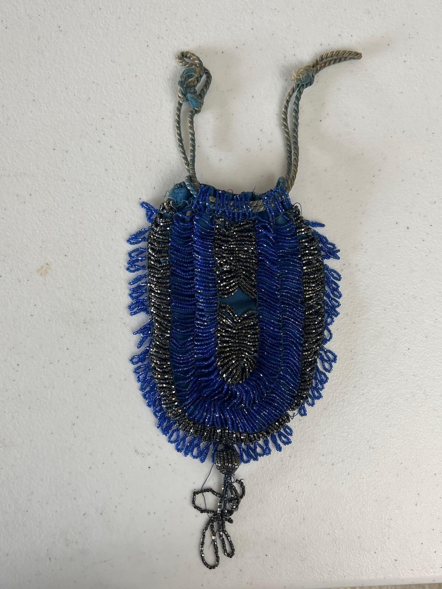 Antique Cobalt Blue & Grey Glass Beaded Purse: Antique Cobalt Blue & Grey Glass Beaded Purse.
