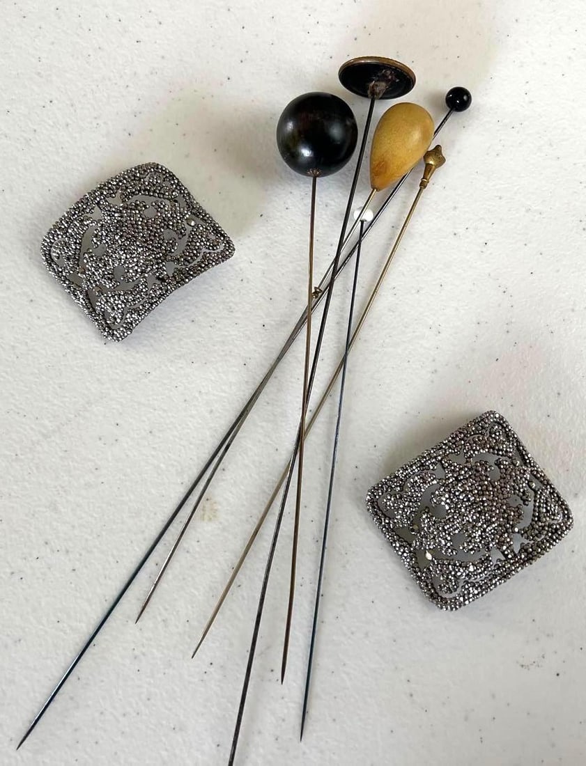 Collection Of Antique Hat Pins And Steel Shoe Buckles: Collection Of Antique Hat Pins and Steel Shoe Buckles.