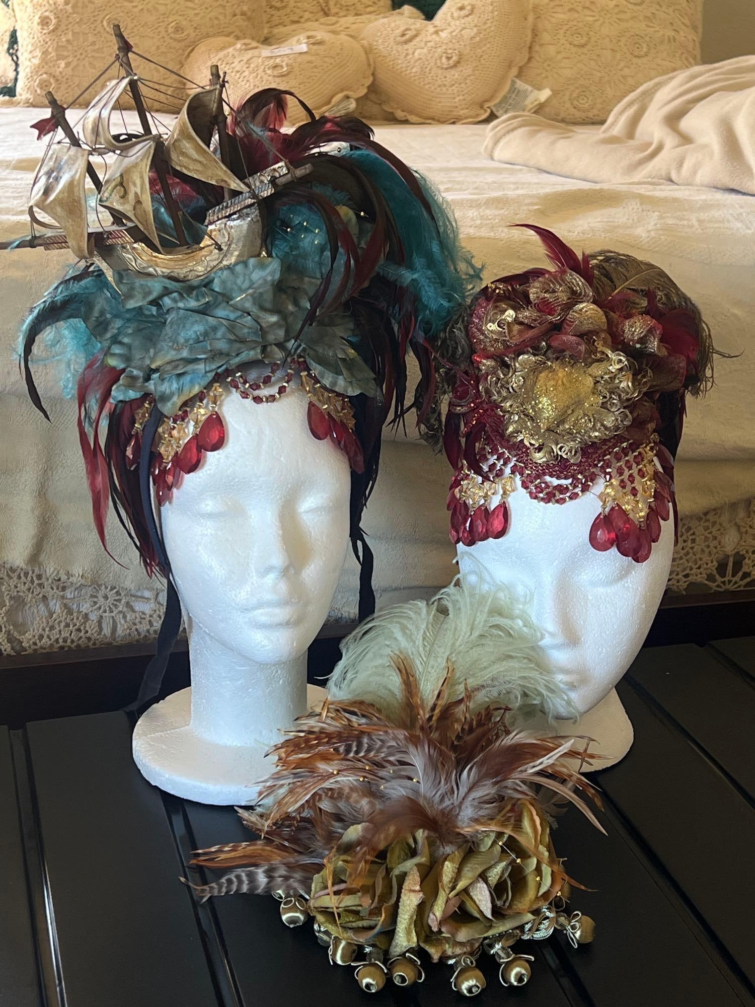 Three Antique Inspired Feather Masquerade Ball Hats (1 of 8)
