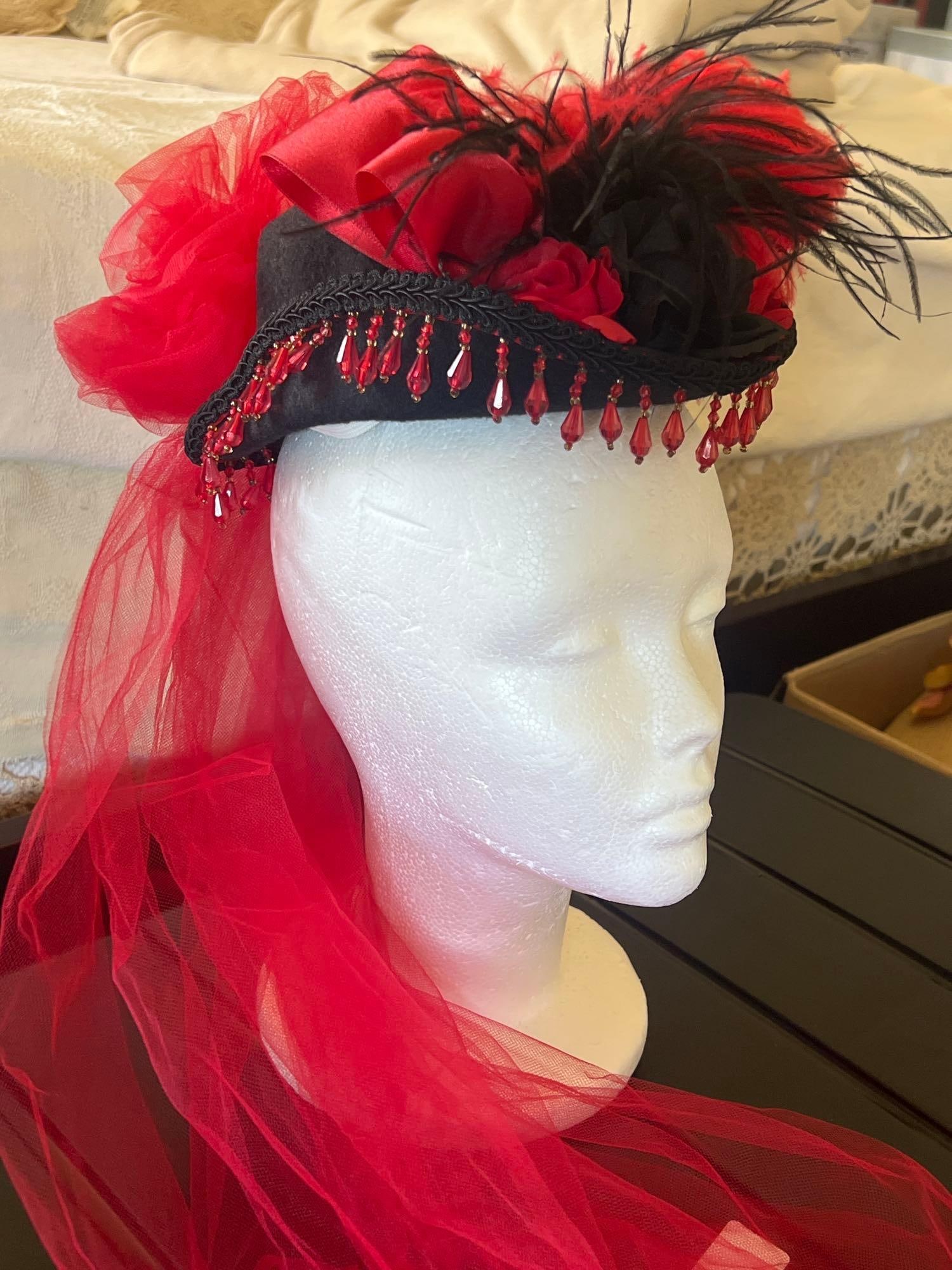 Antique Inspired Red Feather & Netting Hat (1 of 6)