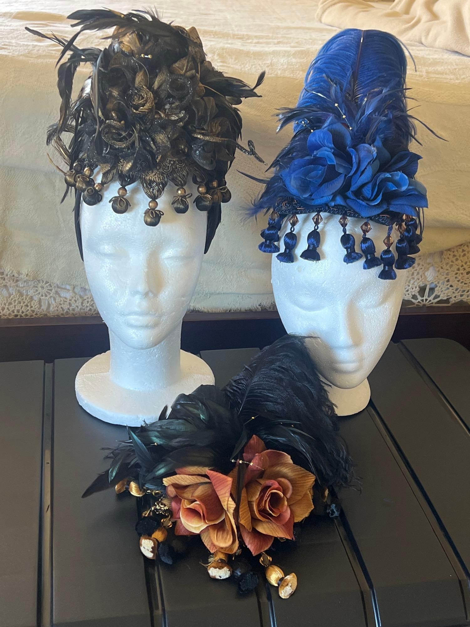Three Antique Inspired Feather Masquerade Ball Hats (1 of 7)