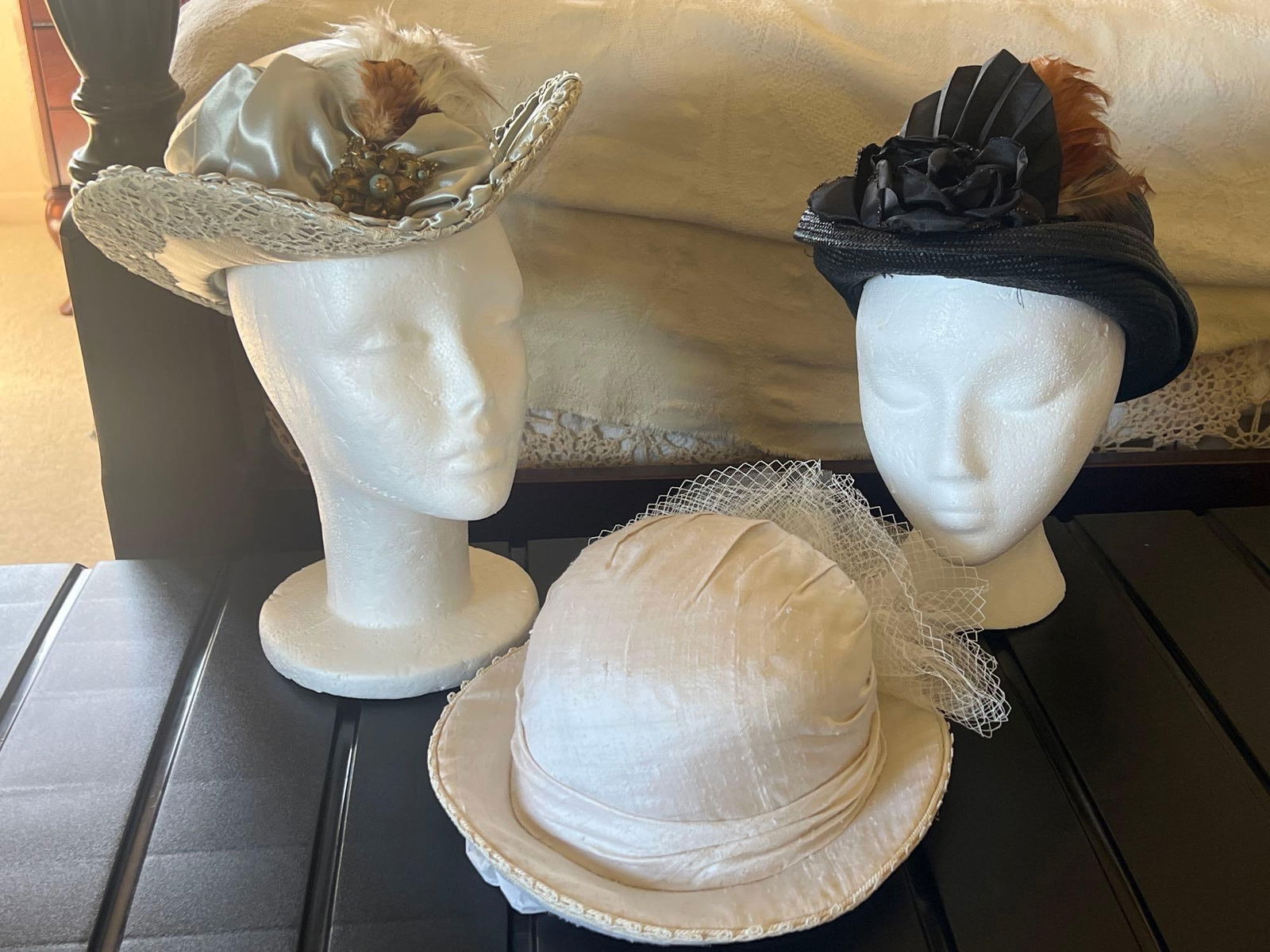 Three Antique Inspired Hats: Three Antique Inspired Hats. Blue Satin With Feathers & White Linen or Silk & Netting, Black Straw Hat With Feathers.