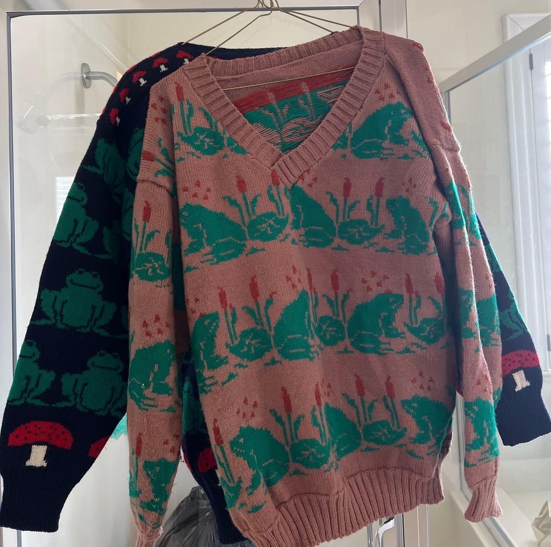 Two Vintage Frog Sweaters: Two vintage frog sweaters. Approximate size medium.