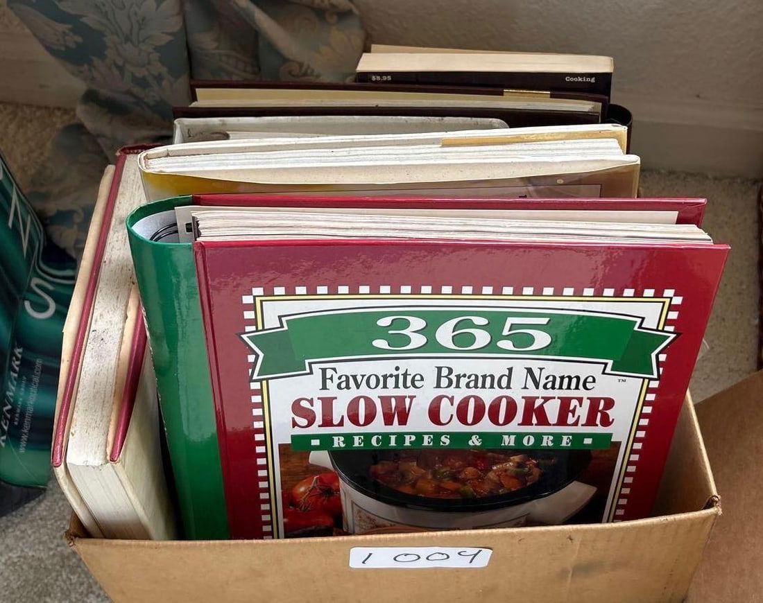 Box Of Cookbooks, Including Grandma Rose's Book Of Sinfully Delicious Cakes: Box of cookbooks, including grandma rose's book of sinfully delicious cakes.
