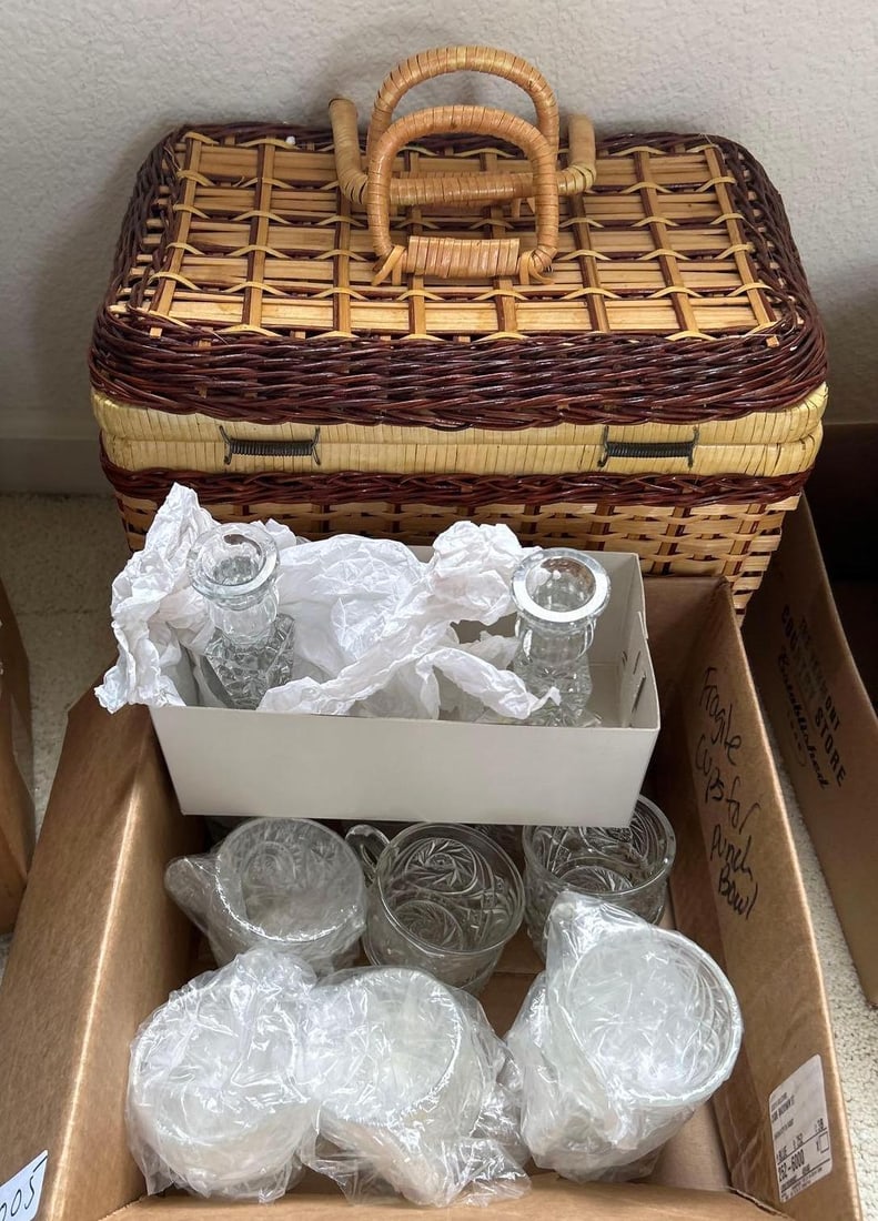 Glass Cups, Candlesticks, And Picnic Basket: Glass cups, candlesticks, and picnic basket.