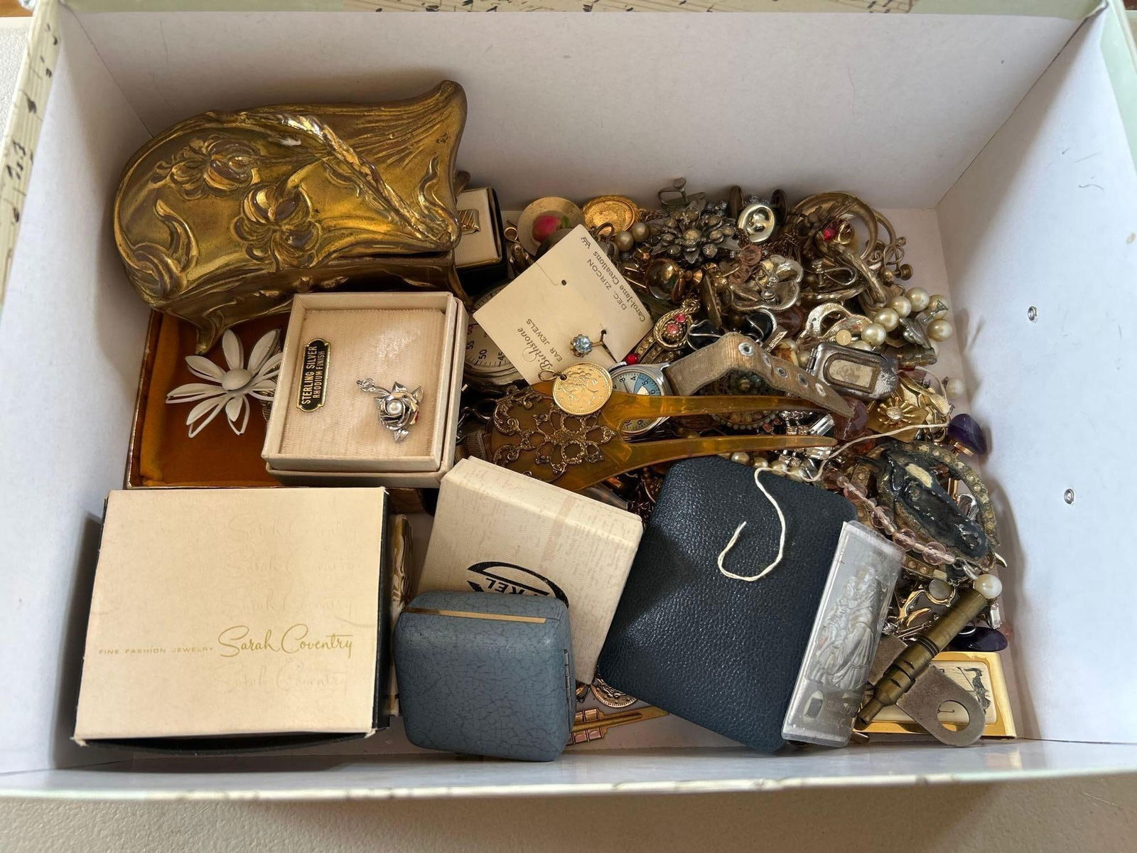 Large Collection Of Antique And Vintage Costume Jewelry, Including Sterling Silver Ring & Sarah: Large collection of Antique and vintage costume jewelry, Including sterling silver ring & Sarah Coventry. Silver class ring marked "Sterling," 7.7g. Approximate ring size 5.