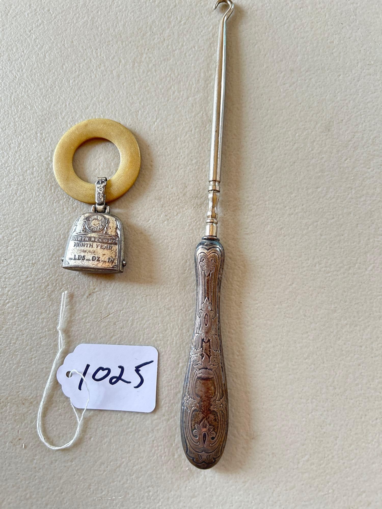 Antique Sterling Silver Shoe Hook, And Baby Teething Ring: Antique sterling silver shoe hook, and baby teething ring. Each marked "Sterling."