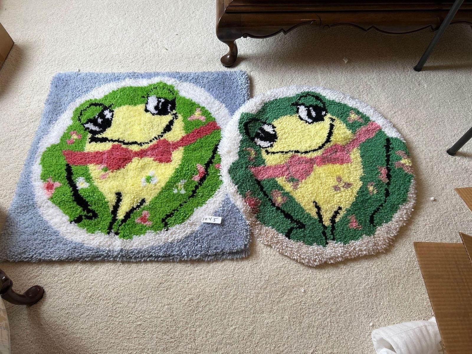 Two Vintage Frog Themed Hooked Rugs: Two vintage frog themed hooked rugs.