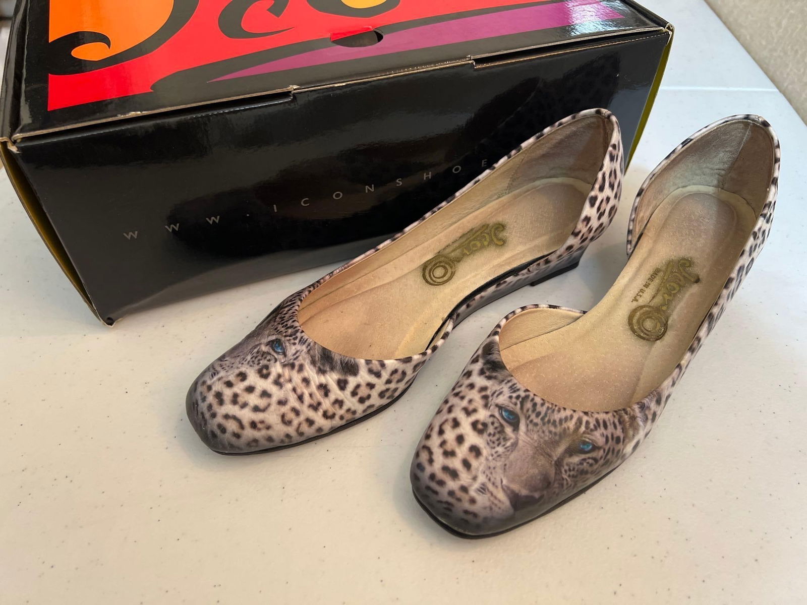 Icon Woman's Wedge Shoes With Snow Leopard Design, Size 6 1/2 (1 of 3)