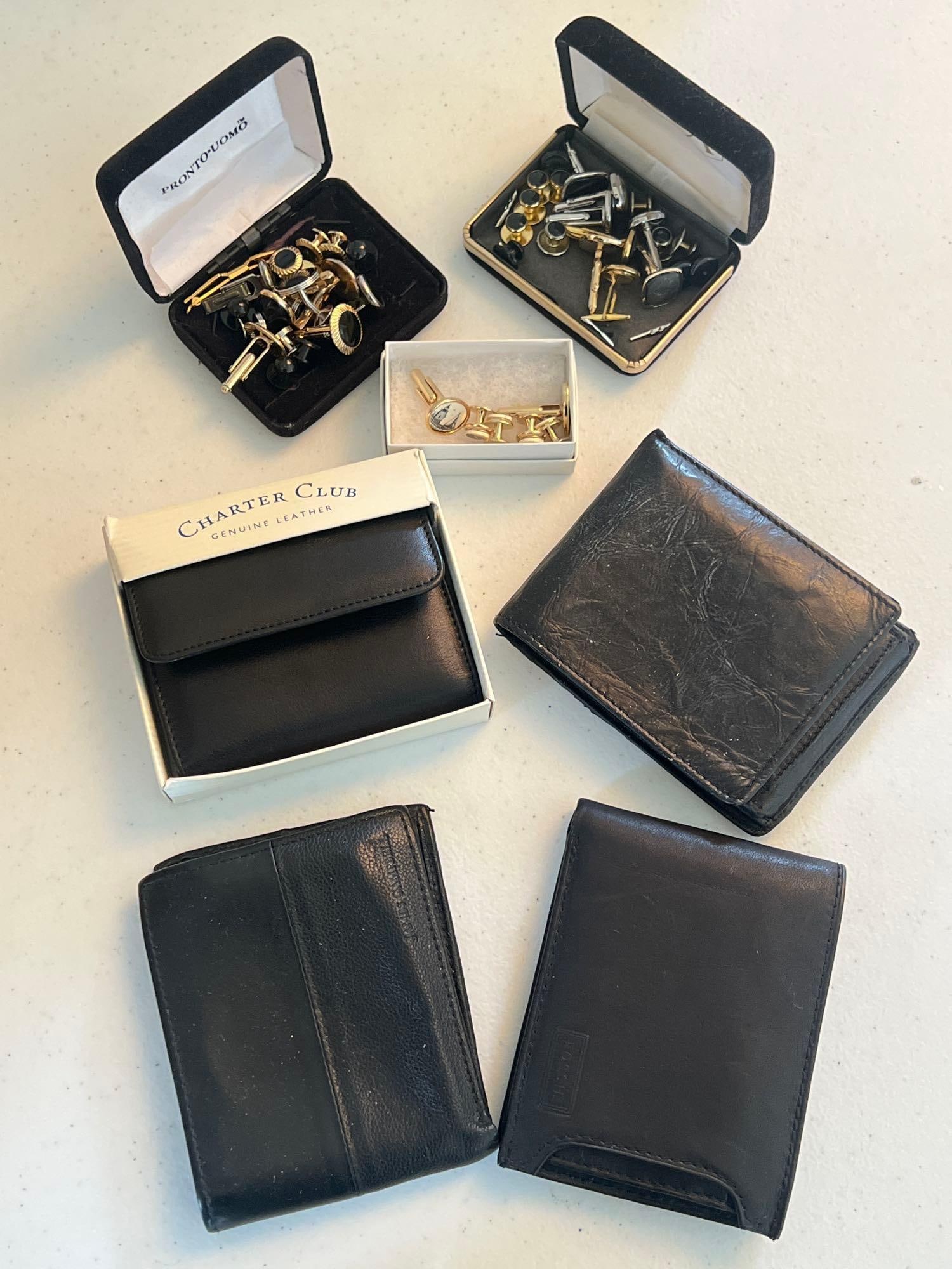 Box Of Men's Vintage Cuff Links And Leather Wallets: Box of men's Vintage cuff links and leather wallets.