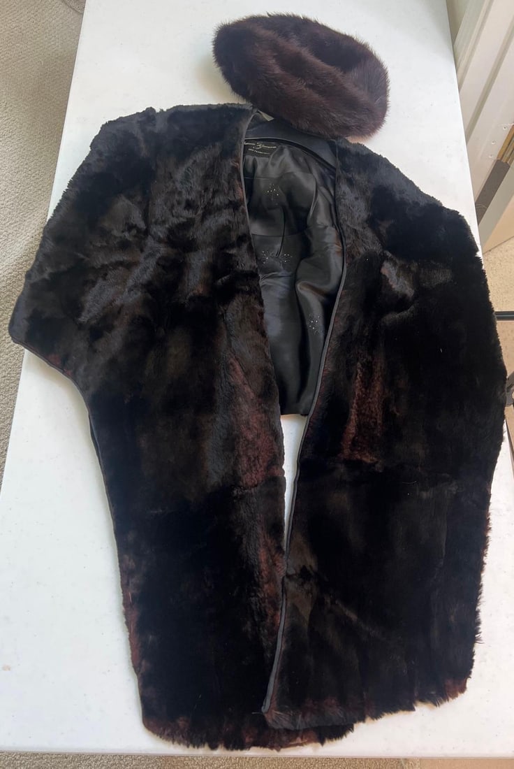 Vintage Black Fur Stole & Hat: Vintage black fur stole & hat.