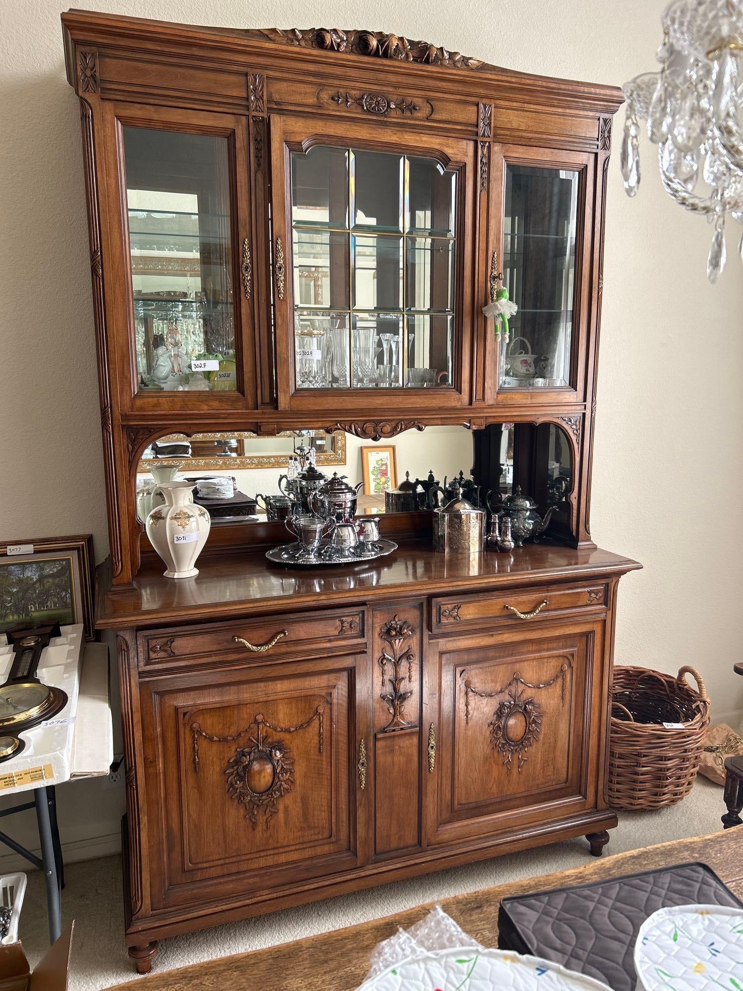 French Walnut Buffet A Deux Corps: French walnut buffet a deux corps. Approximately 59.0L x 92.0H x 21.5D in.