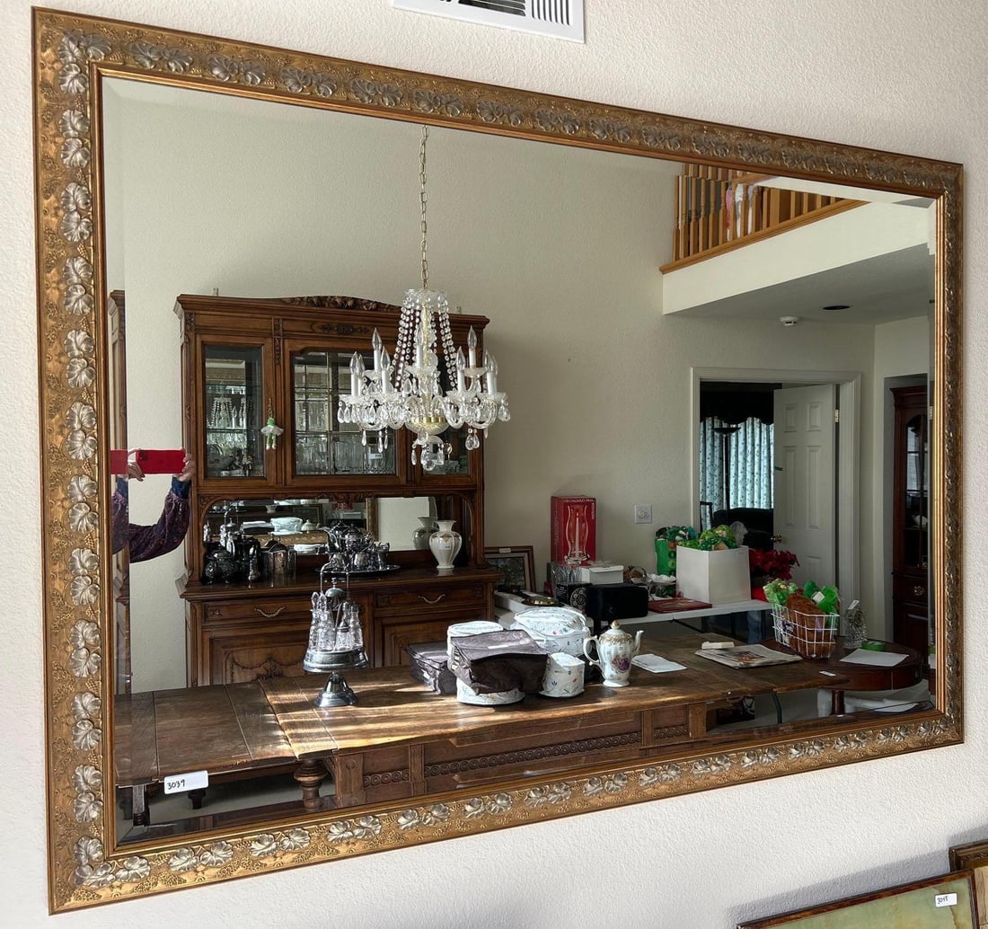 Large Art Nouveau Inspired Gilt Wall Mirror: Large art nouveau inspired gilt wall mirror. Approximately 80.0W x 57.5H in.