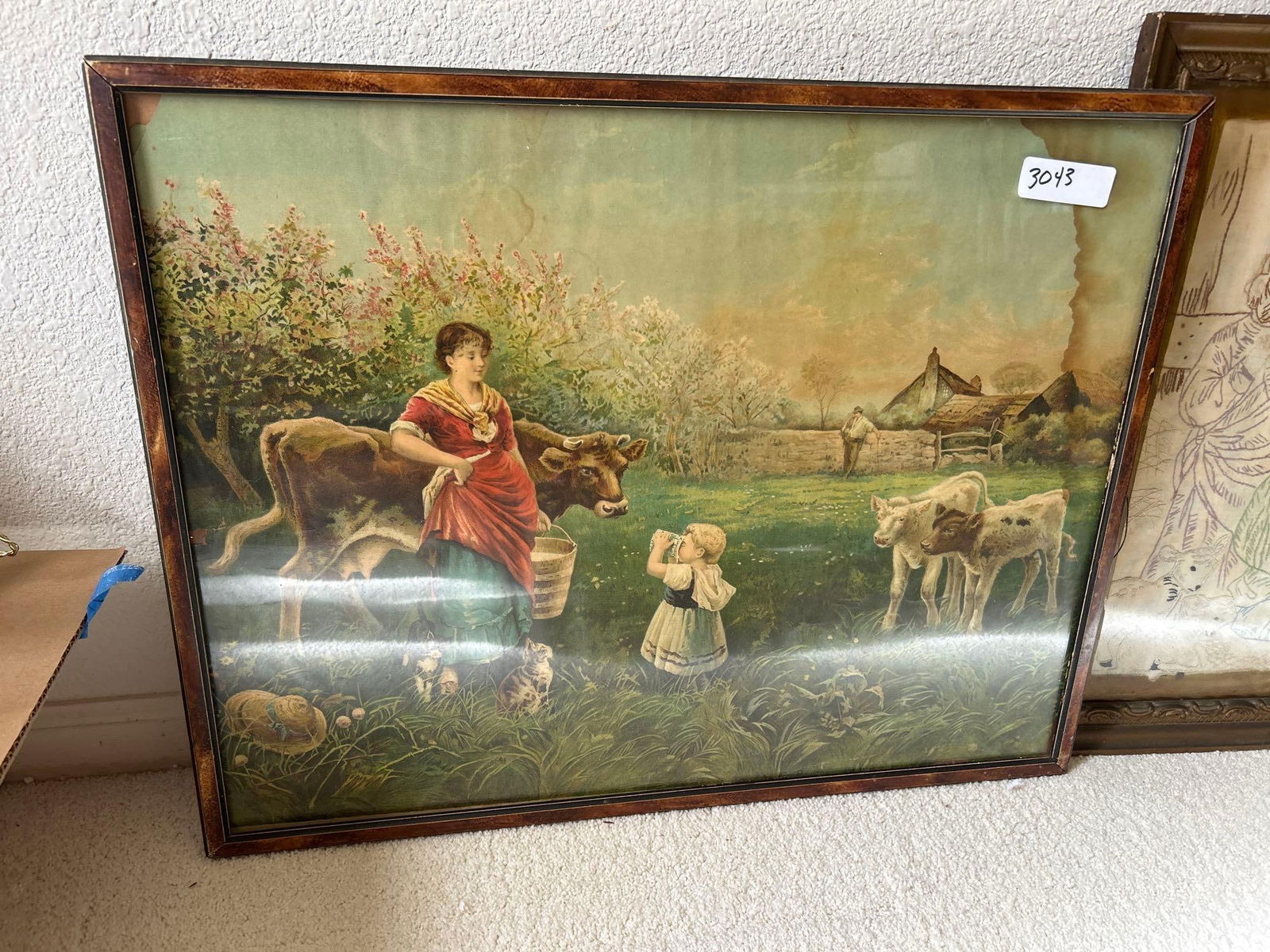 Victorian Framed Lithograph, Farm Scene: Victorian framed lithograph, farm scene. Approximately 27.0W x 21.0H in.