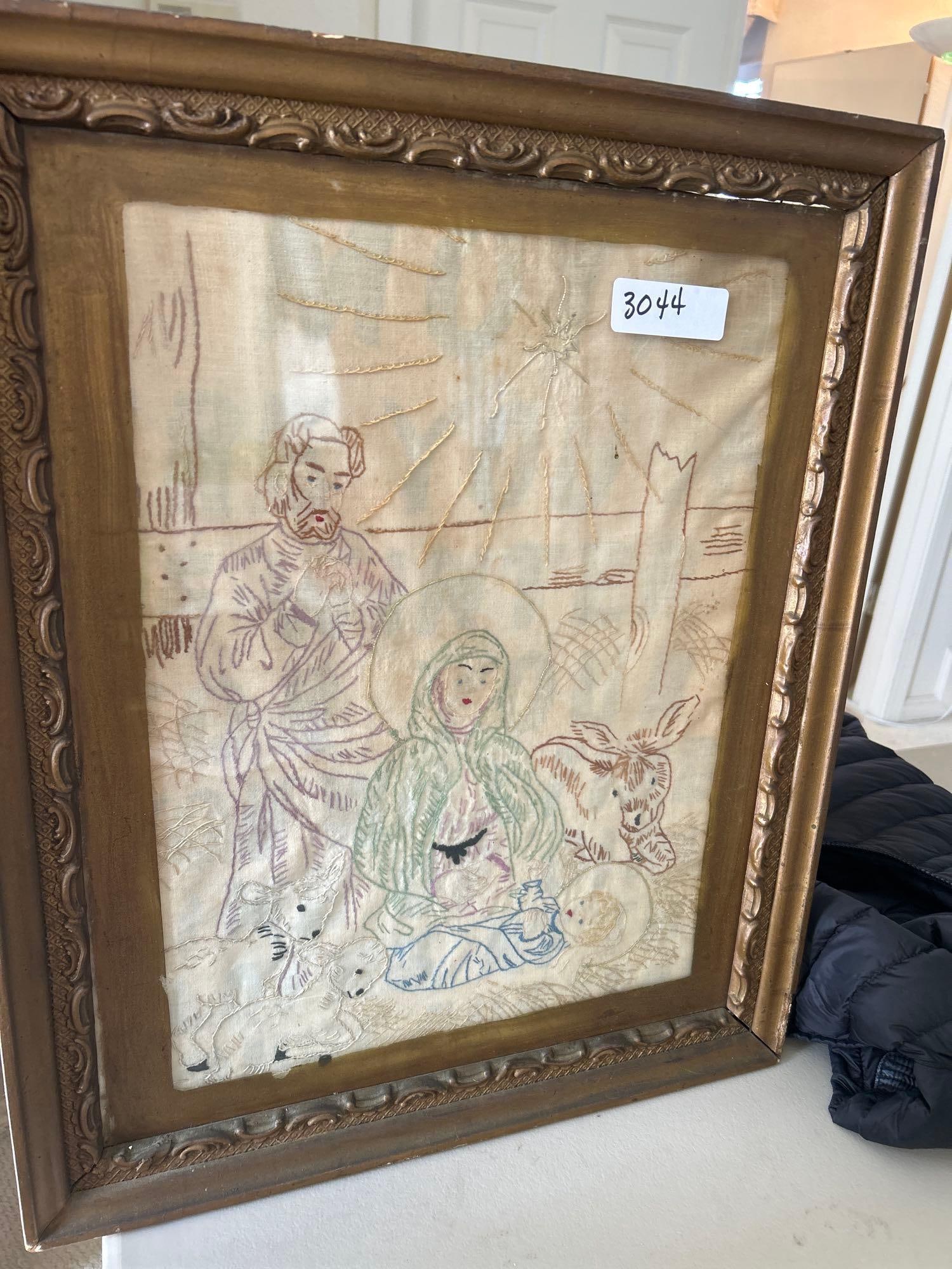 Vintage Framed Embroidery Panel, The Holy Family In The Manger: Vintage framed embroidery panel, the Holy Family in the manger. As framed approximately 23.0H x 19.0w in.