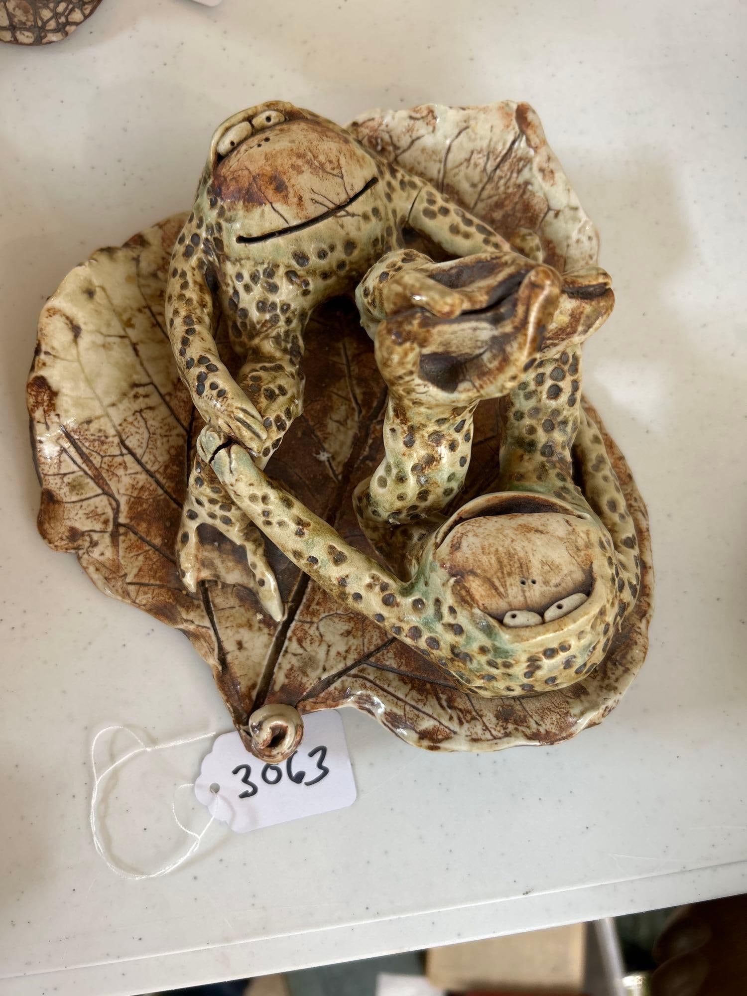 Large Wild Earth Pottery Figure Group, Playful Frogs On Lily Pad: Large wild earth pottery figure group, playful frogs on lily pad.